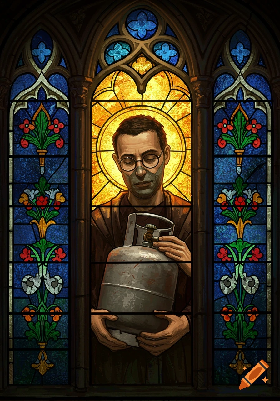 A man with glasses and a mask holds a propane tank like a relic in a vibrant Gothic stained glass window with a halo.