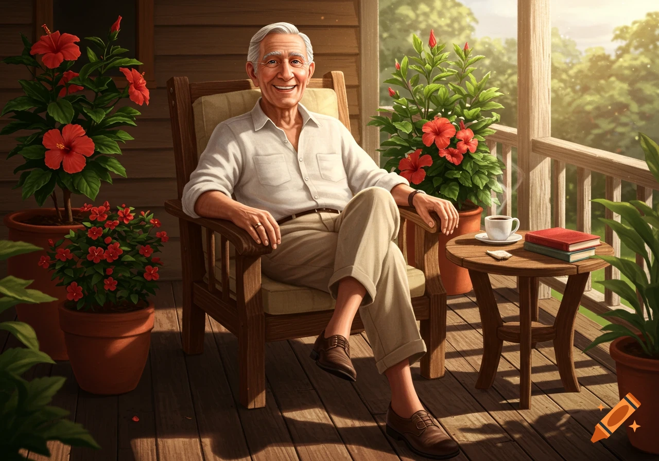 A smiling elderly man with white hair sits on a wooden porch in a rocking chair, surrounded by potted red hibiscus plants and green foliage.