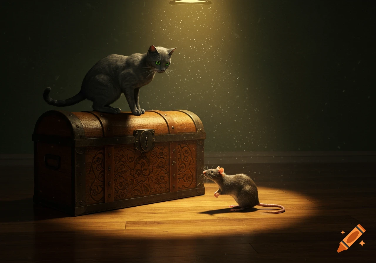 A photorealistic image of a gray cat with green eyes on a carved wooden chest, intently watching a small brown rat on the floor in a dimly lit, dusty room.