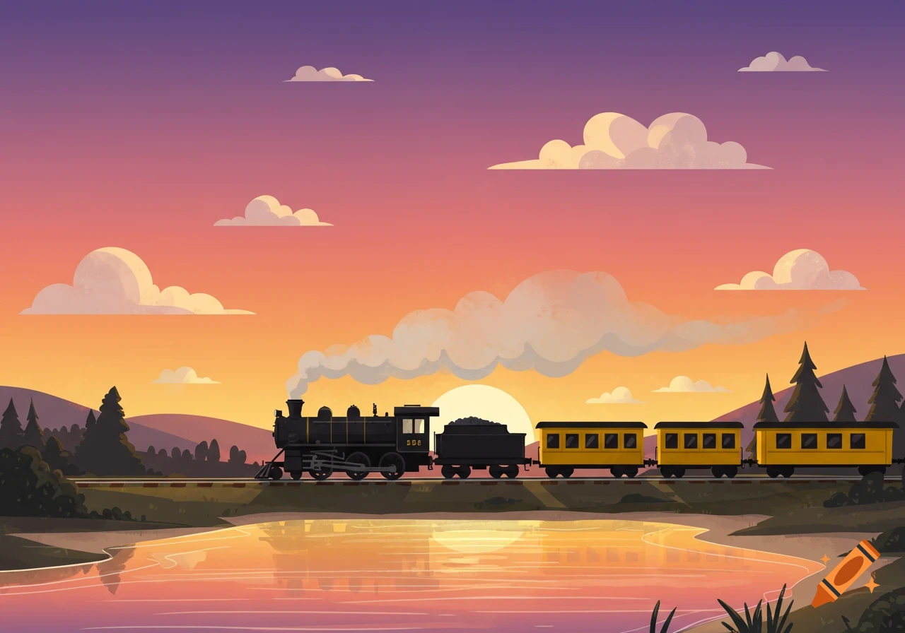 A 2D cartoon black steam engine with yellow passenger cars travels by a lake at sunset.