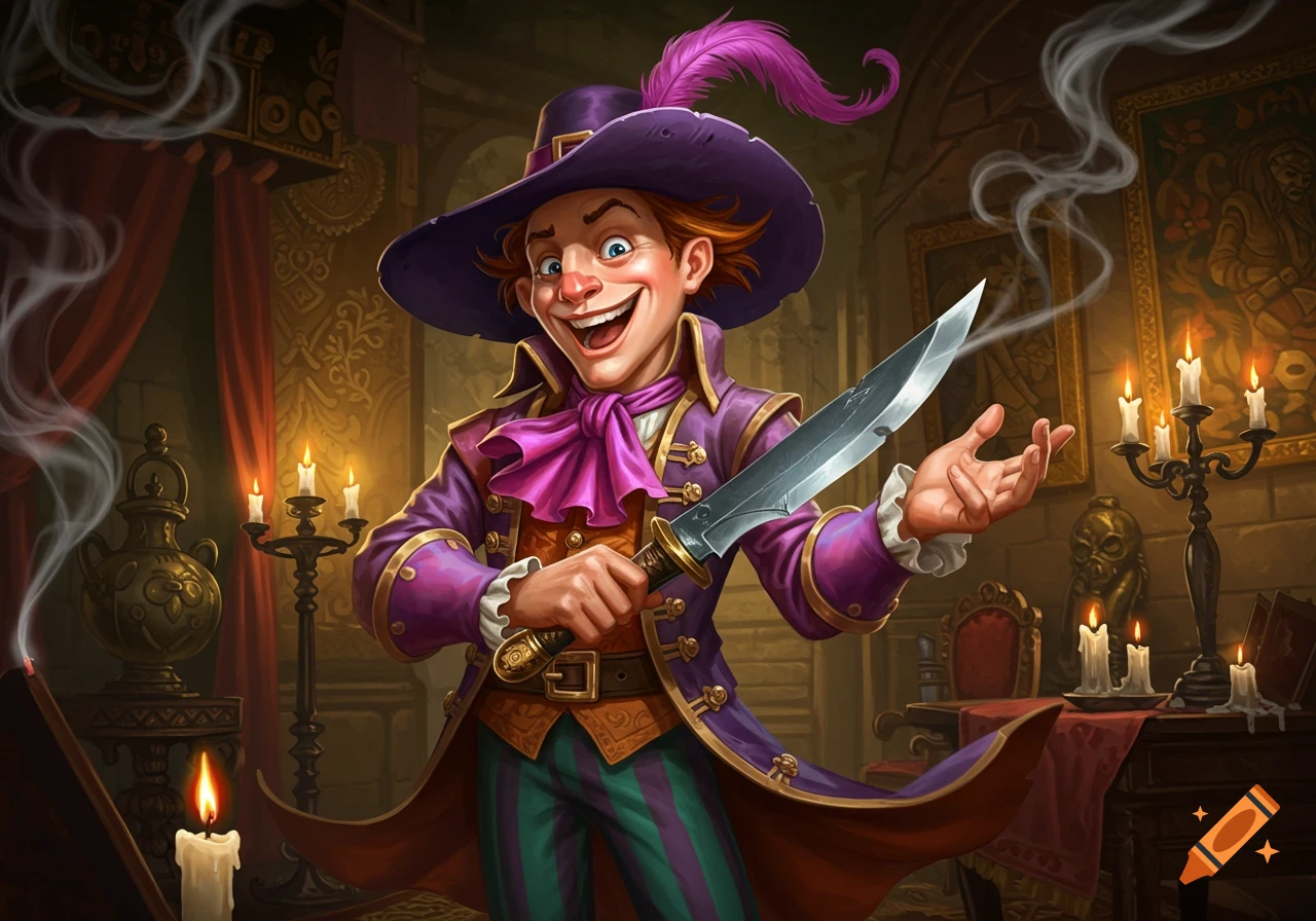 A smiling, mischievous man in a purple hat and coat holds a knife in a candlelit room, digital painting.