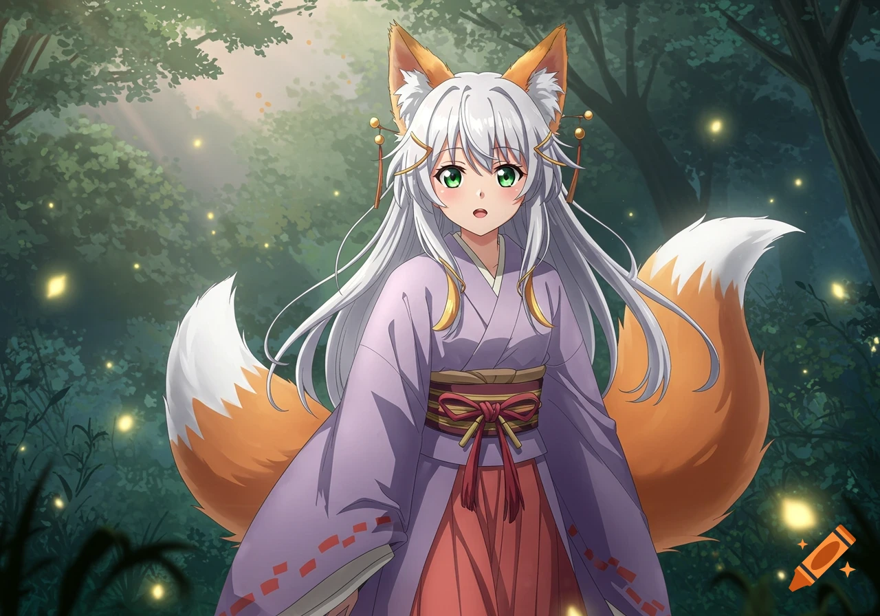 Anime fox girl with white hair, green eyes, fox ears, and two large orange tails, wearing a purple kimono in a glowing forest.