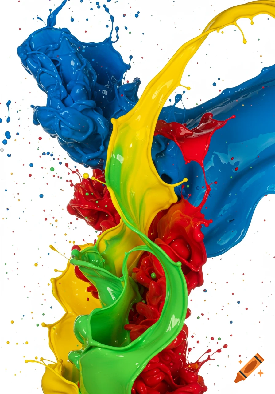 Dynamic splash of blue, yellow, red, and green paint with droplets against a white background.