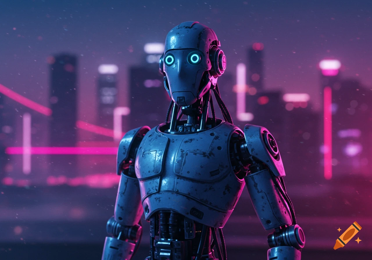 A metallic robot with glowing blue eyes stands in a neon-lit cyberpunk city at night.