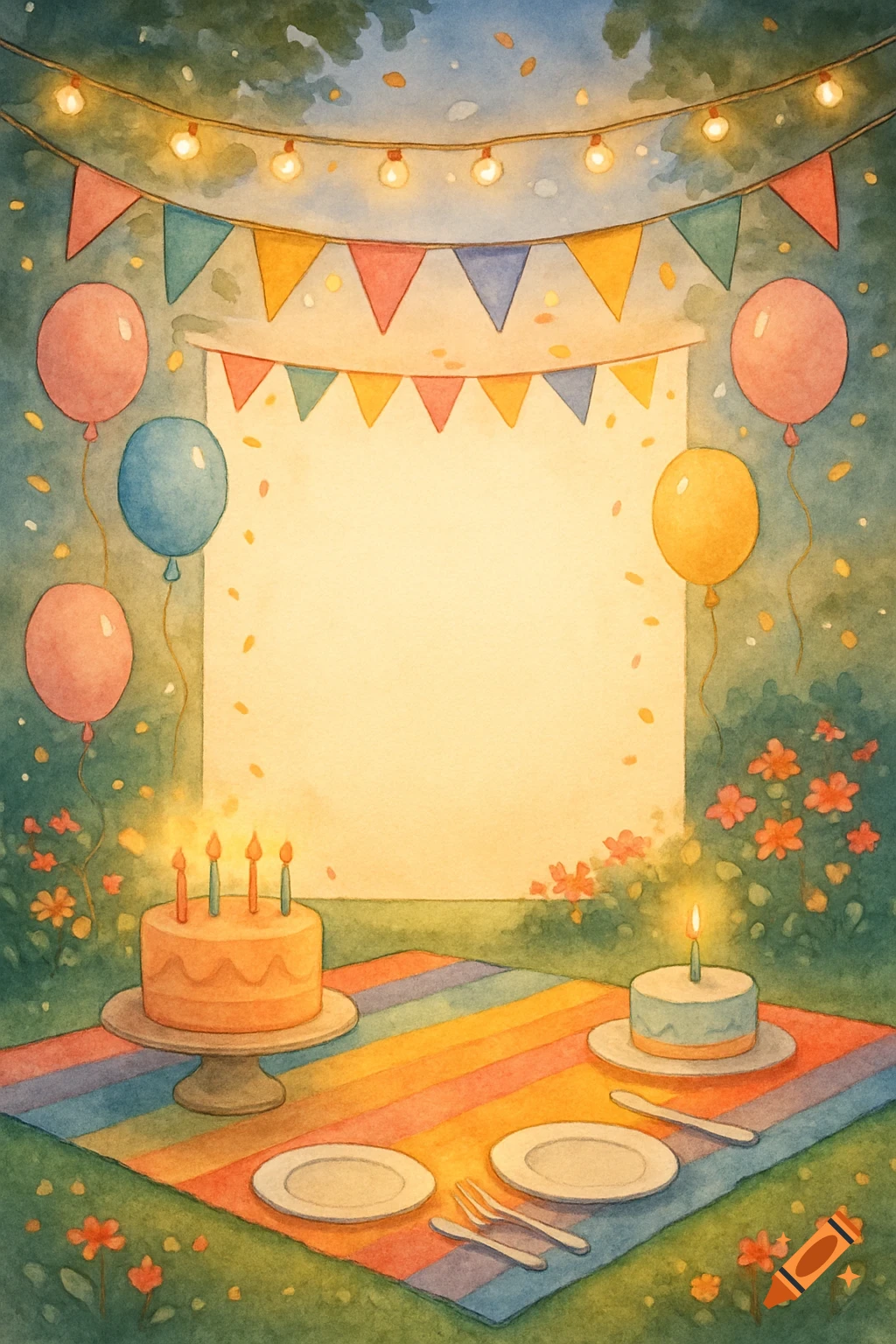 Watercolor illustration of an outdoor birthday party scene with cakes, balloons, string lights, and a blank invitation space.