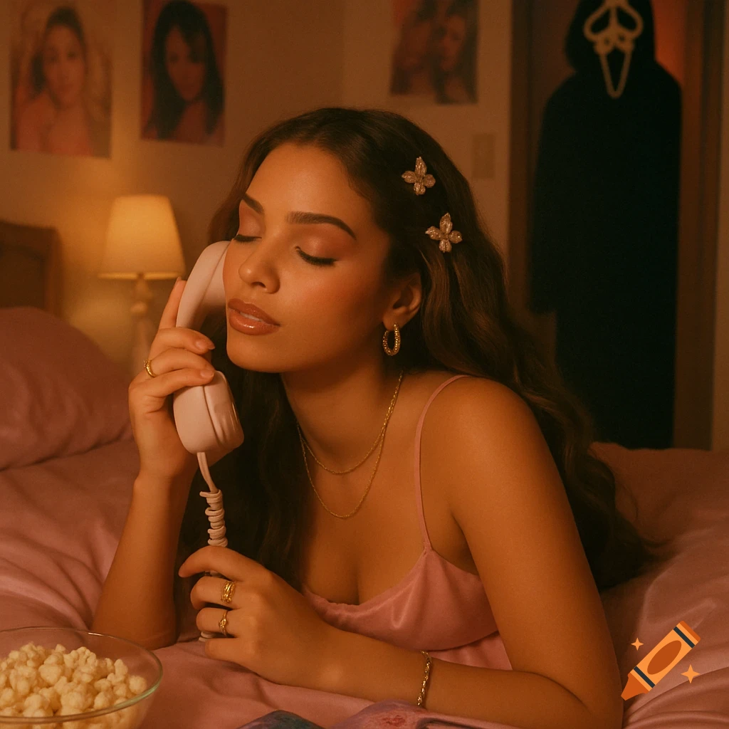 A woman in a pink slip lies on a bed, talking on a corded phone, with a Ghostface figure lurking in the background.