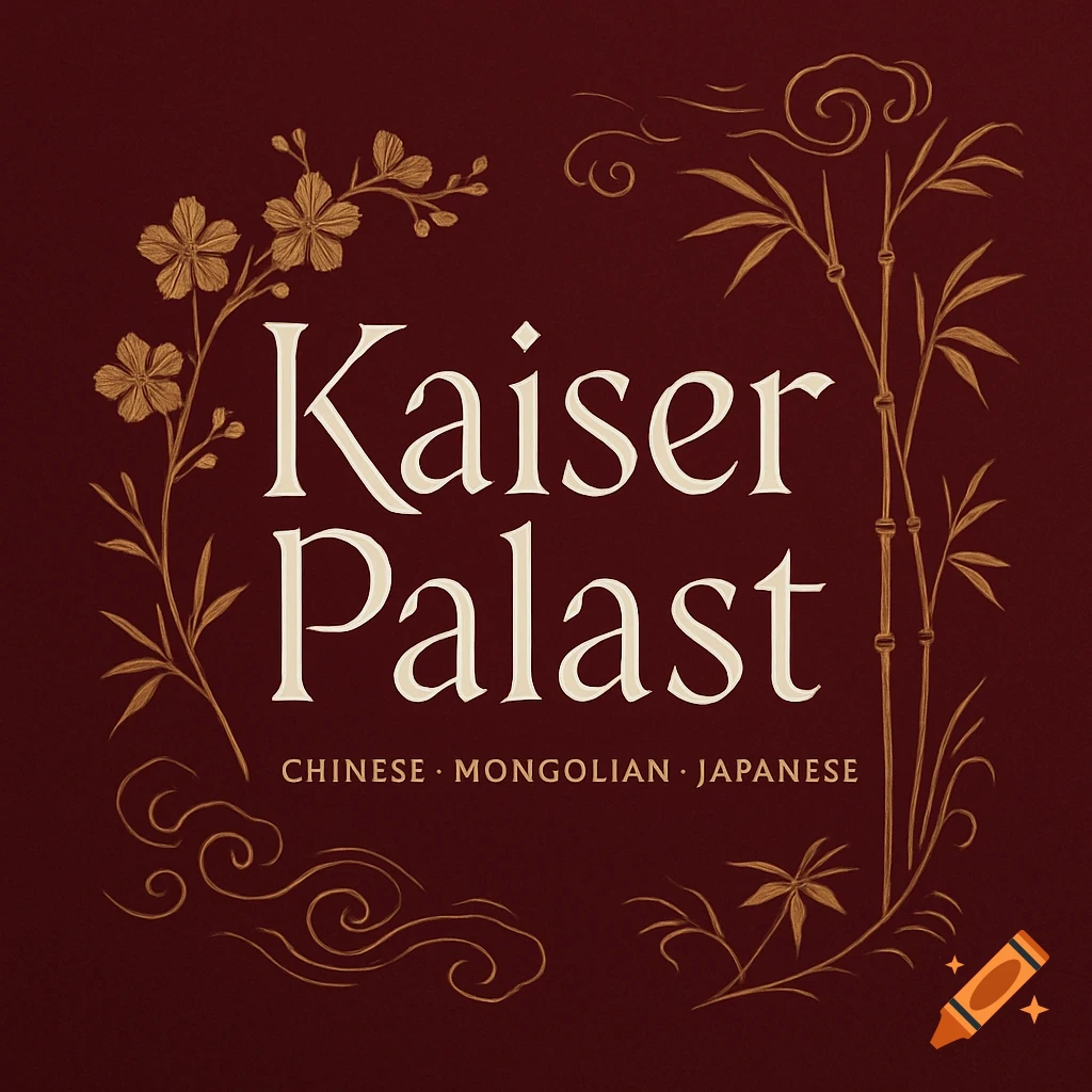 Logo for Kaiser Palast restaurant with white text on a wine-red background, surrounded by golden floral and bamboo motifs.