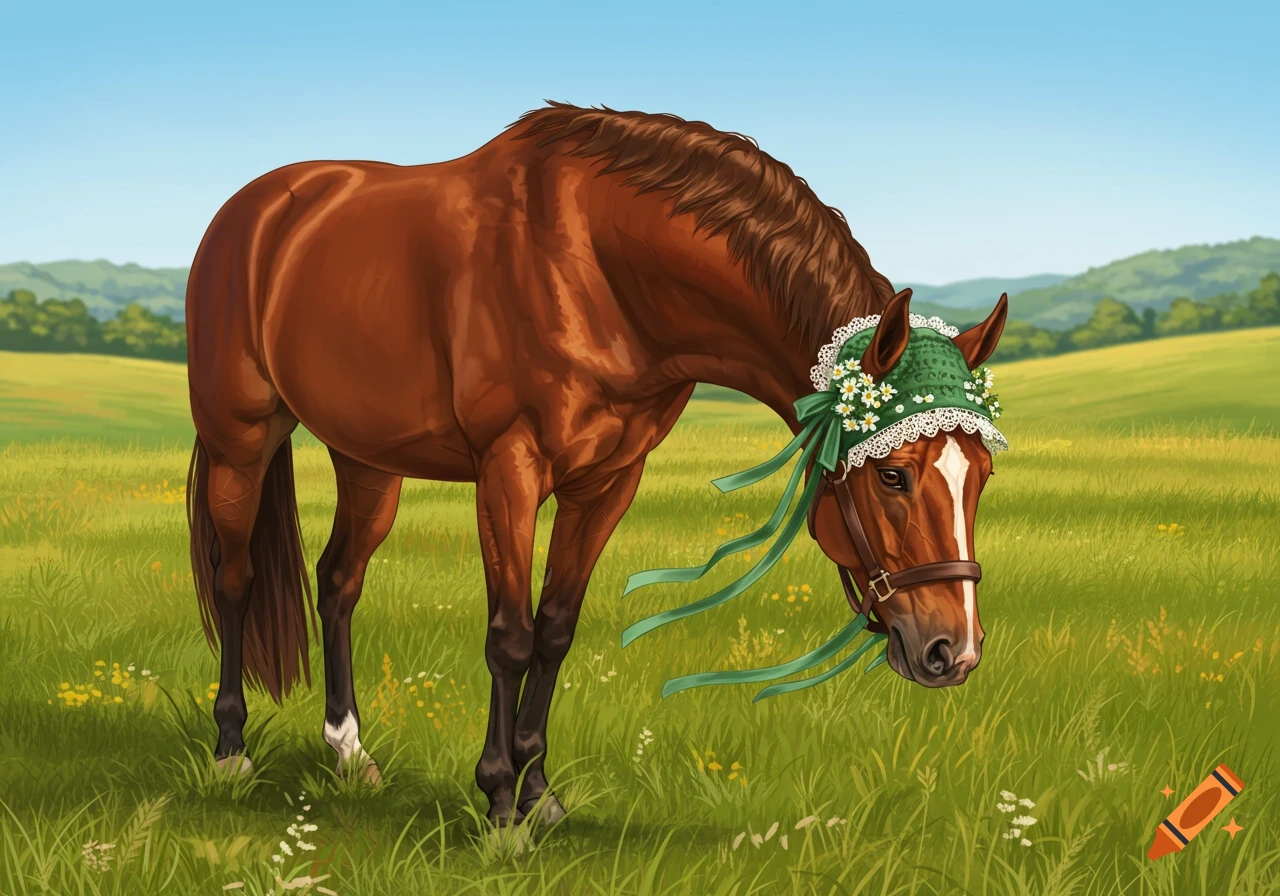 An illustration of a brown horse grazing in a green field, wearing a green bonnet adorned with white lace and daisies.