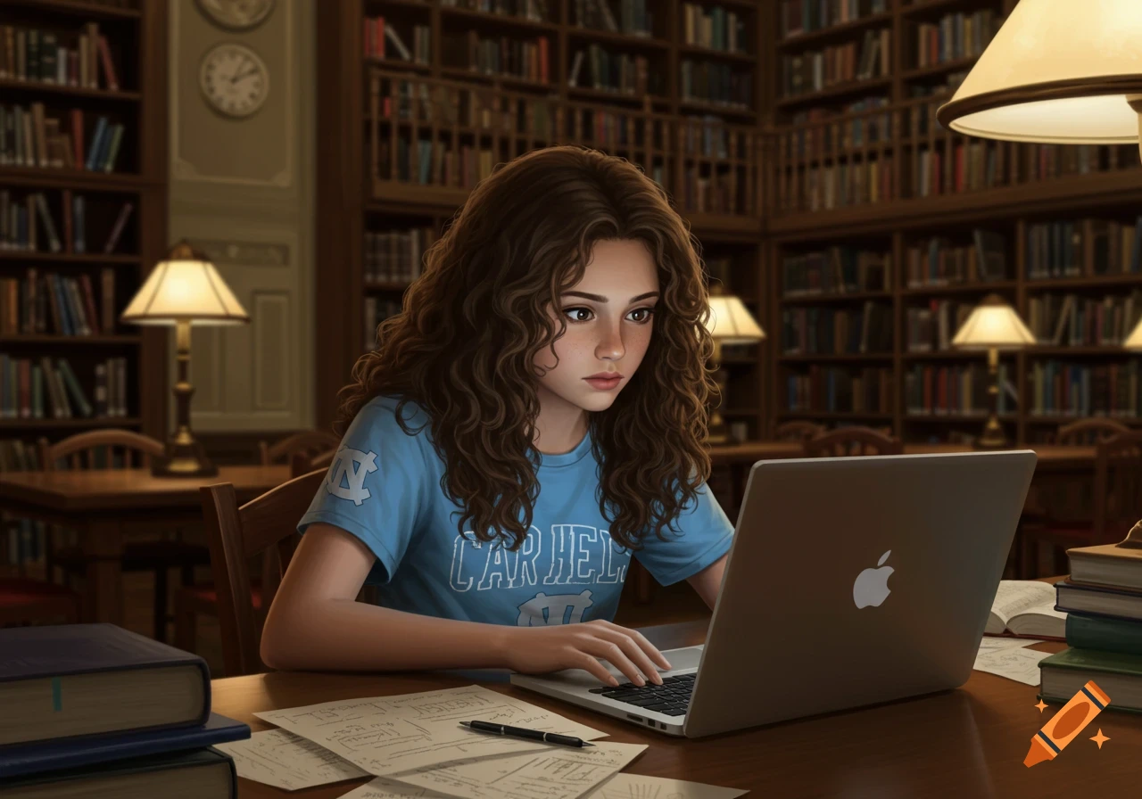 A young woman with curly brown hair studies on a laptop at a wooden table in a grand library, wearing a blue UNC shirt.