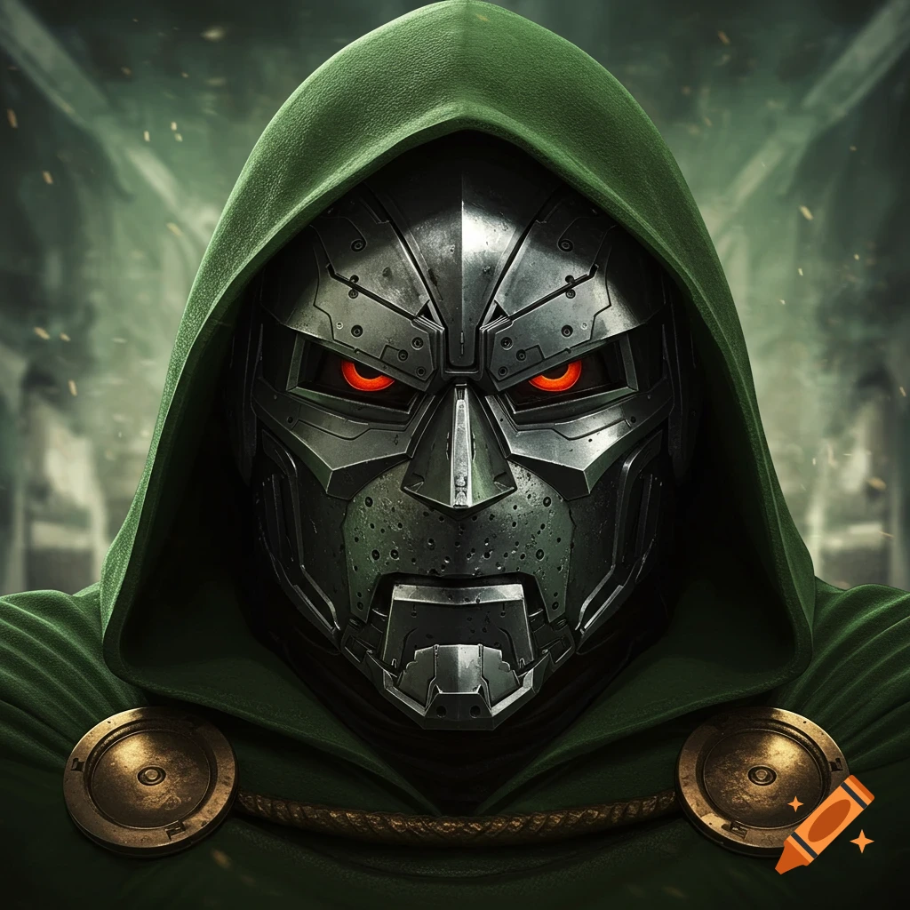 Close-up of a menacing metallic helmet with glowing red eyes and a green hooded cloak.