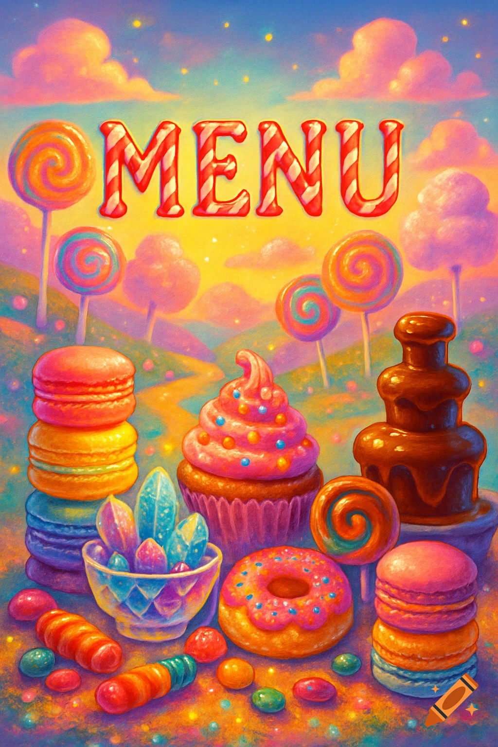 Vibrant, whimsical Candyland painting featuring assorted sweets, lollipops, macarons, a cupcake, chocolate fountain, and the word MENU.