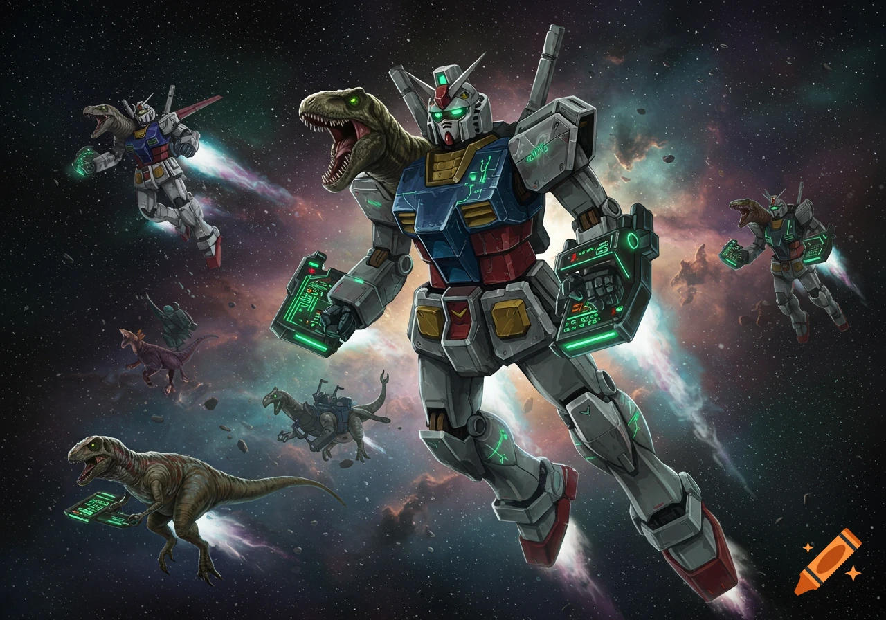 Large Gundam mech with dinosaur head in space, surrounded by smaller robotic dinosaurs and mechs with glowing tech.