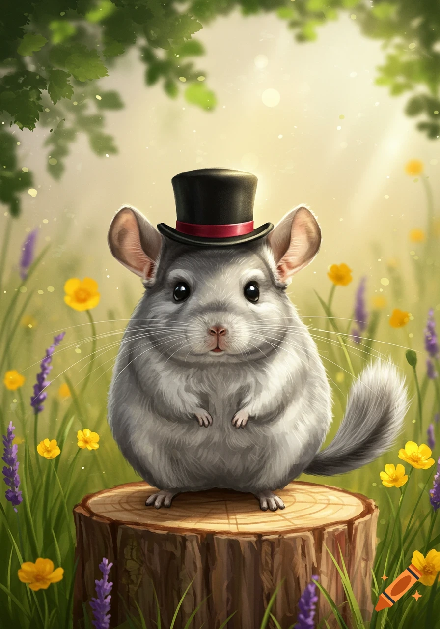 A cute chinchilla wearing a black top hat with a red band stands on a tree stump in a field of wildflowers, detailed illustration.