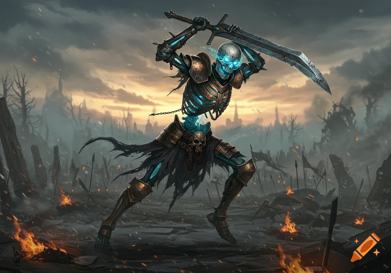 A skeleton warrior with glowing blue eyes and armor, wielding a large sword, stands in a desolate, burning battlefield.