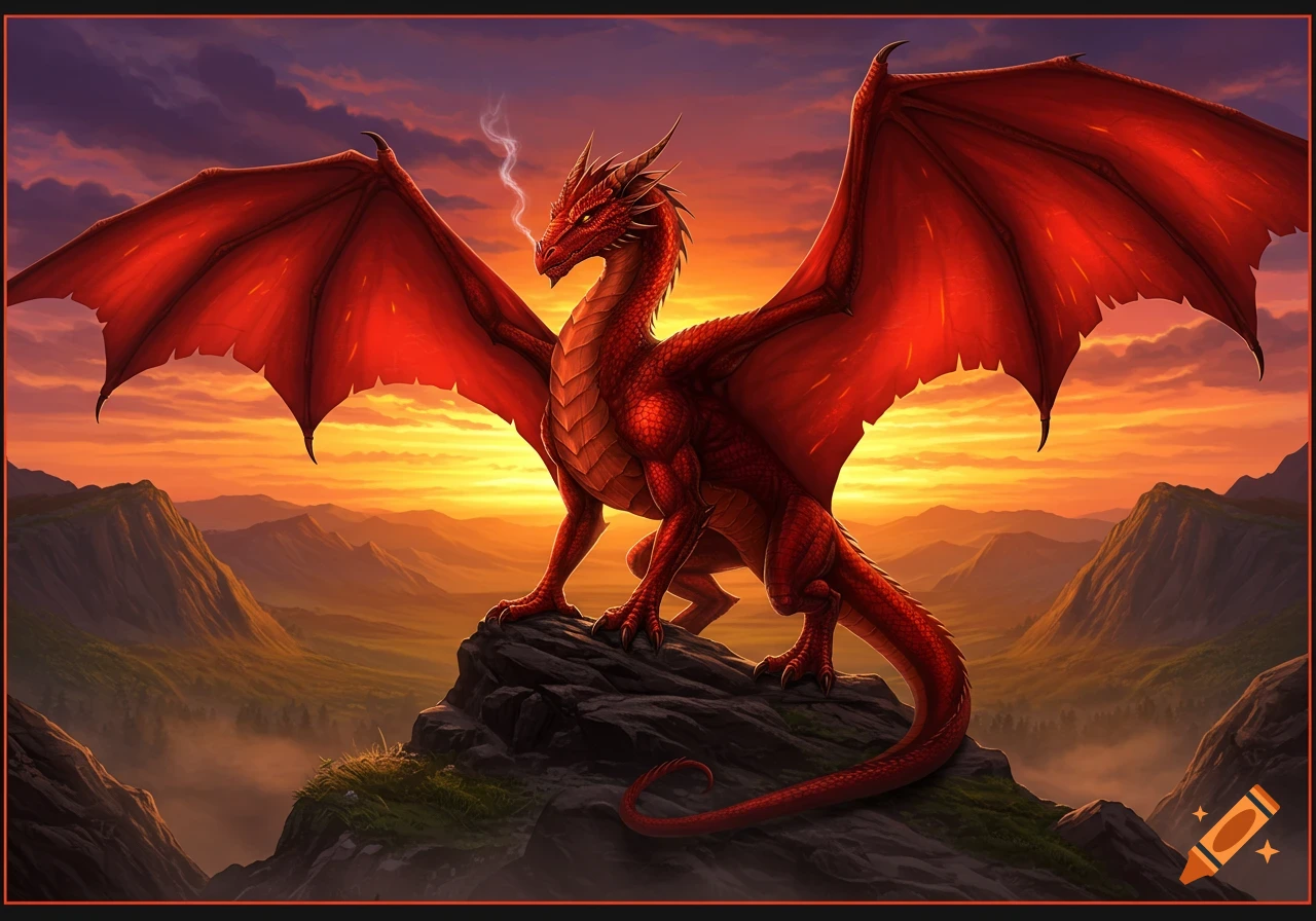 A majestic red dragon stands with wings spread on a rocky mountain peak, overlooking valleys during a dramatic sunset.