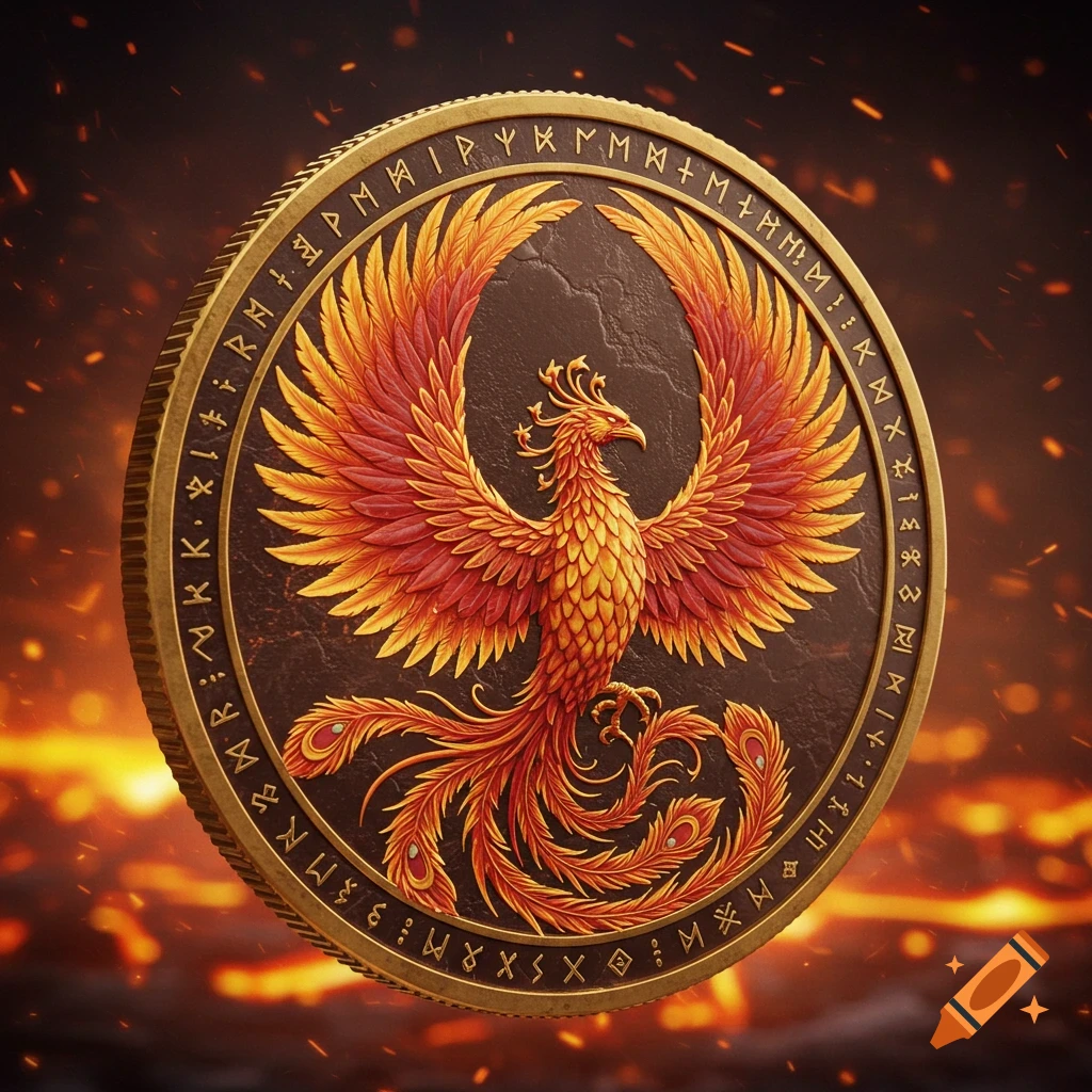 A detailed gold coin with a vibrant red and orange phoenix with spread wings, surrounded by ancient runes, against a fiery background.