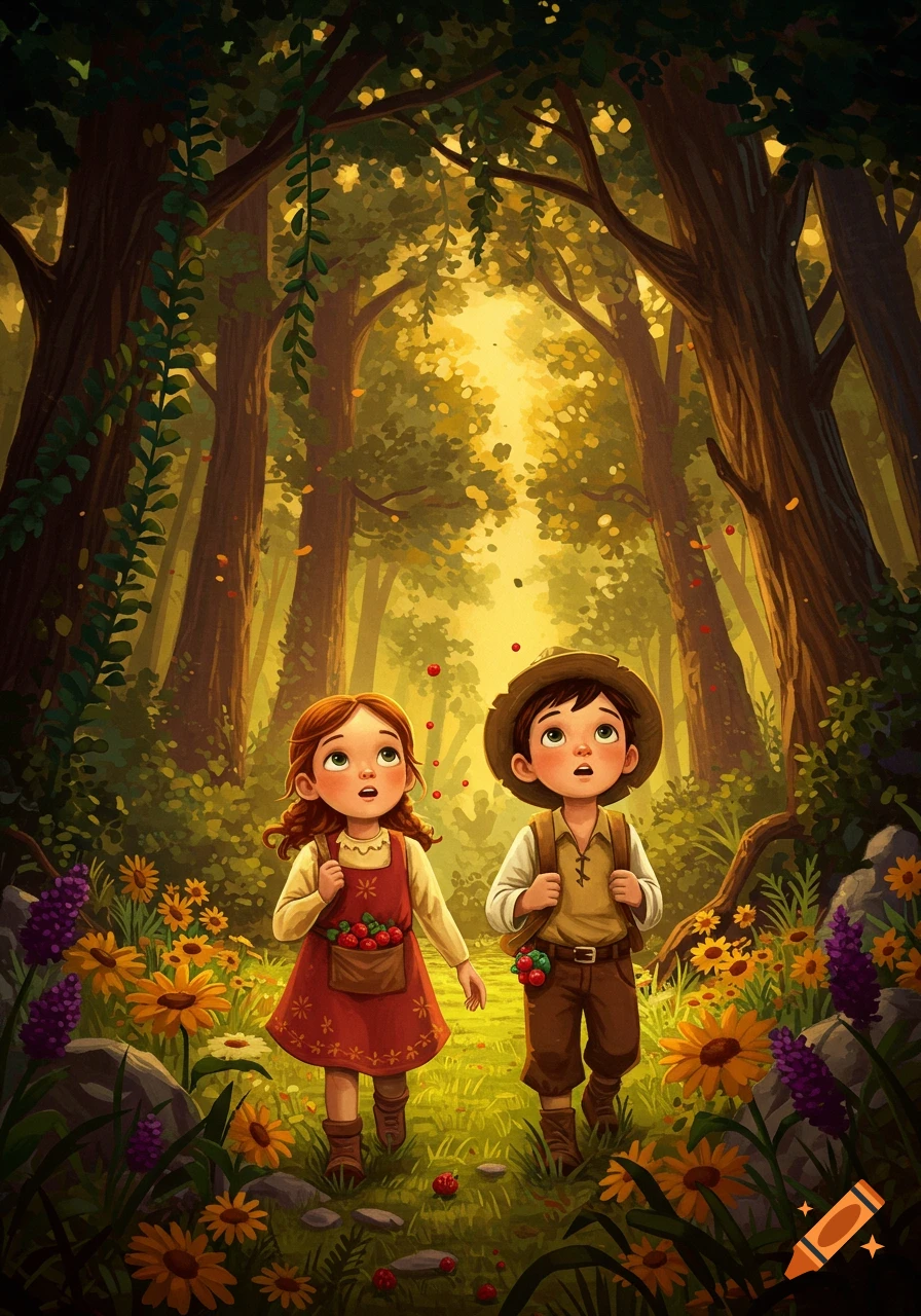 Two stylized children with berry baskets look up in a sunlit, vibrant forest filled with flowers and tall trees.