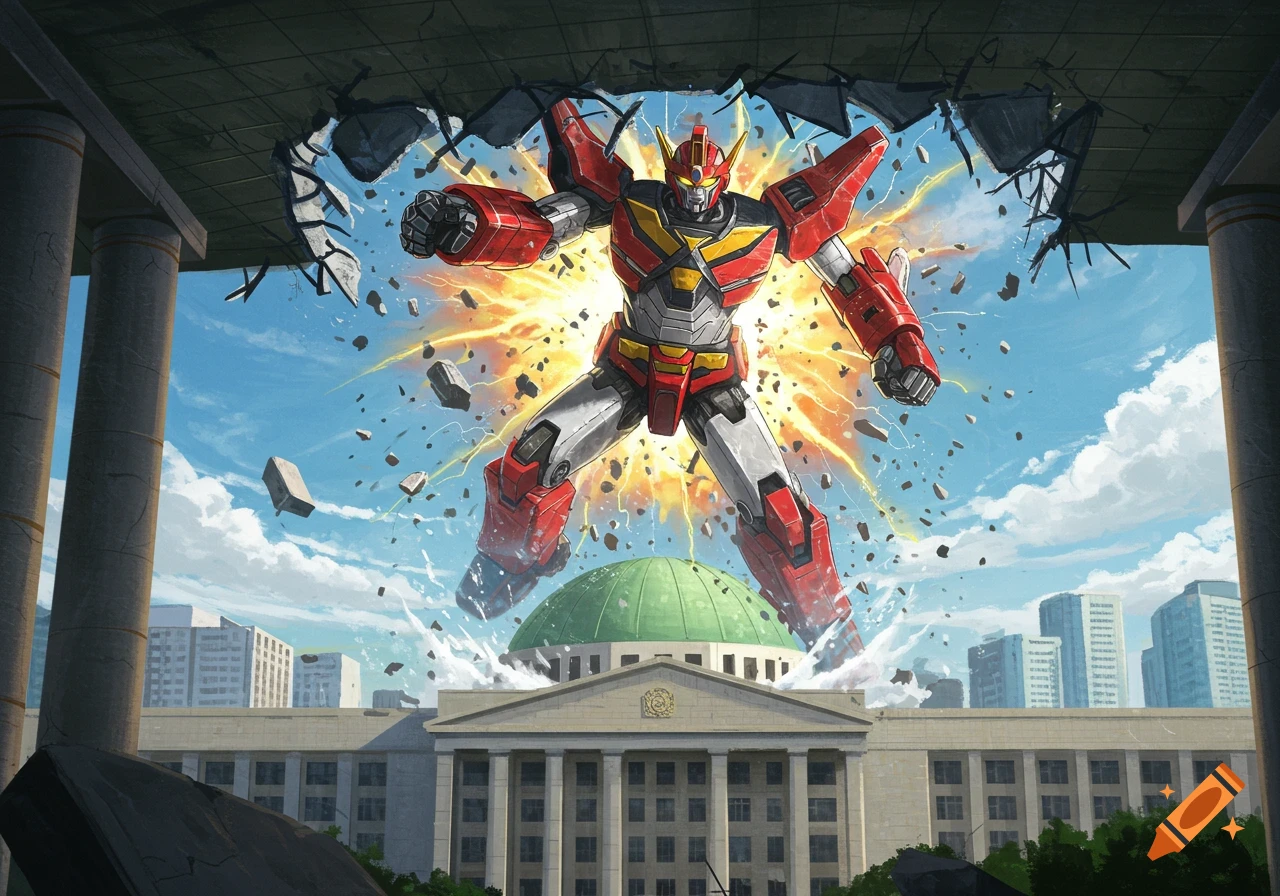 A red and gray mecha robot bursts from a building roof with an explosion and debris, set against a cityscape under a blue sky, in an anime style.