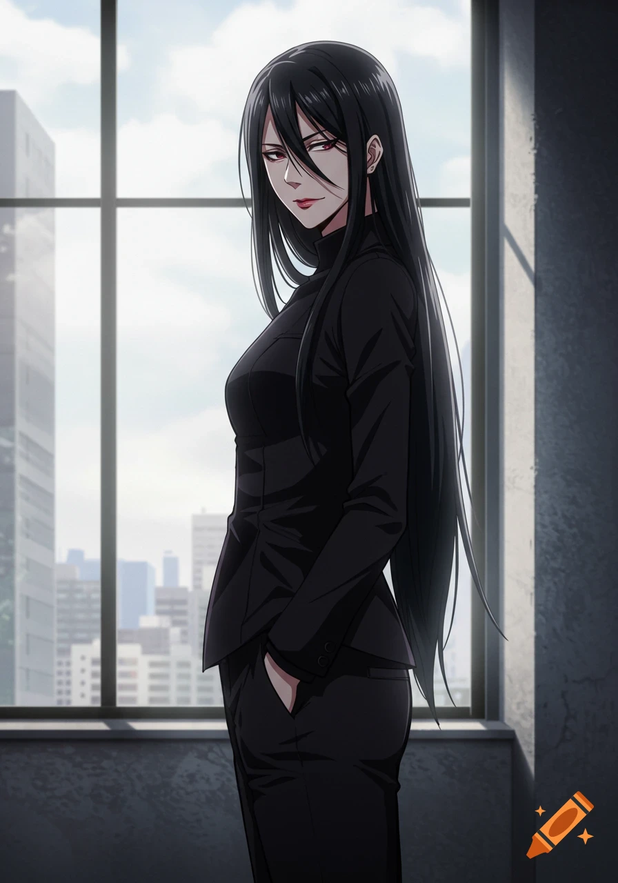 Anime woman with long black hair in a black business suit, standing by a window with a city view, smiling confidently.
