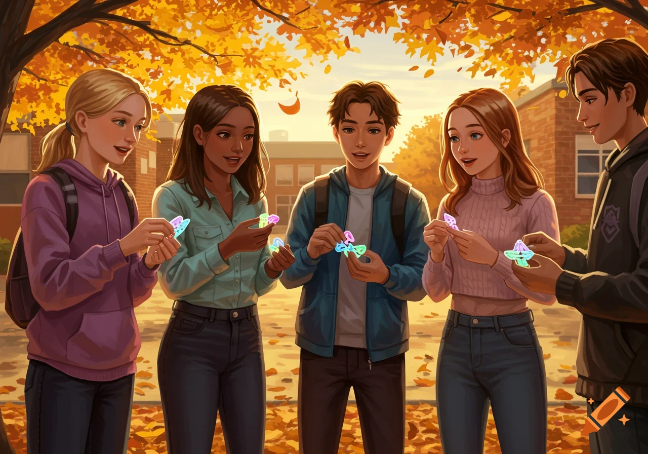 Five diverse high school students hold colorful, glowing fidget toys outdoors on a sunny autumn day, surrounded by golden leaves, digital art.