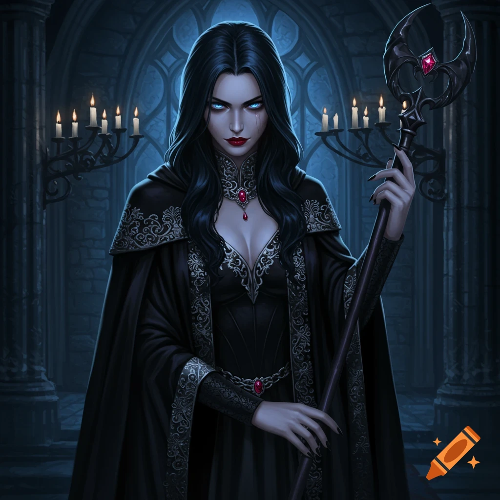A pale woman with long dark hair, glowing blue eyes, and red lips, wearing a black gothic gown and holding a staff, stands in a dark, candlelit chamber.