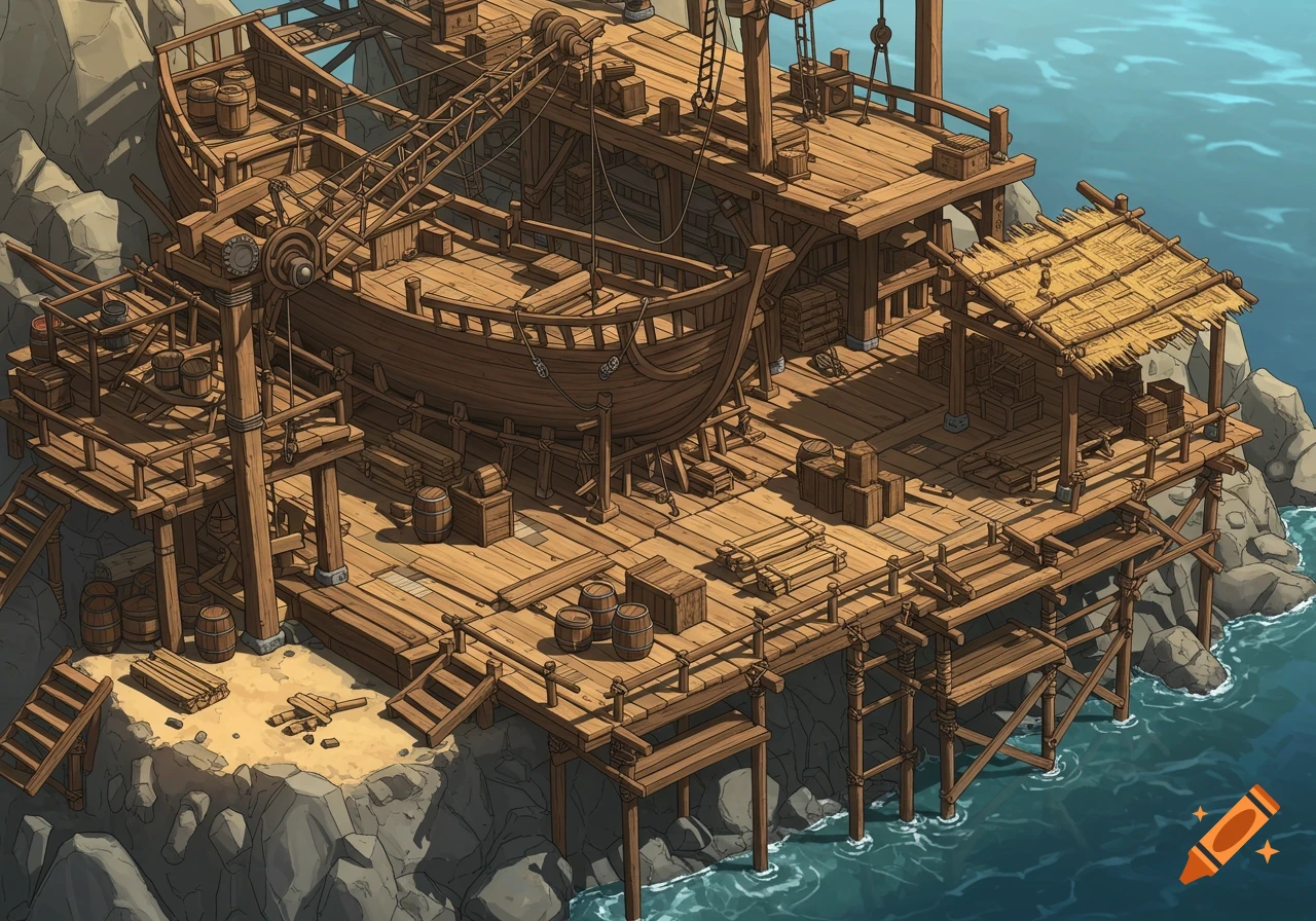 Isometric illustration of a busy wooden shipyard built on a rocky seaside platform, with a ship under construction, scaffolding, cranes, barrels, and timber.