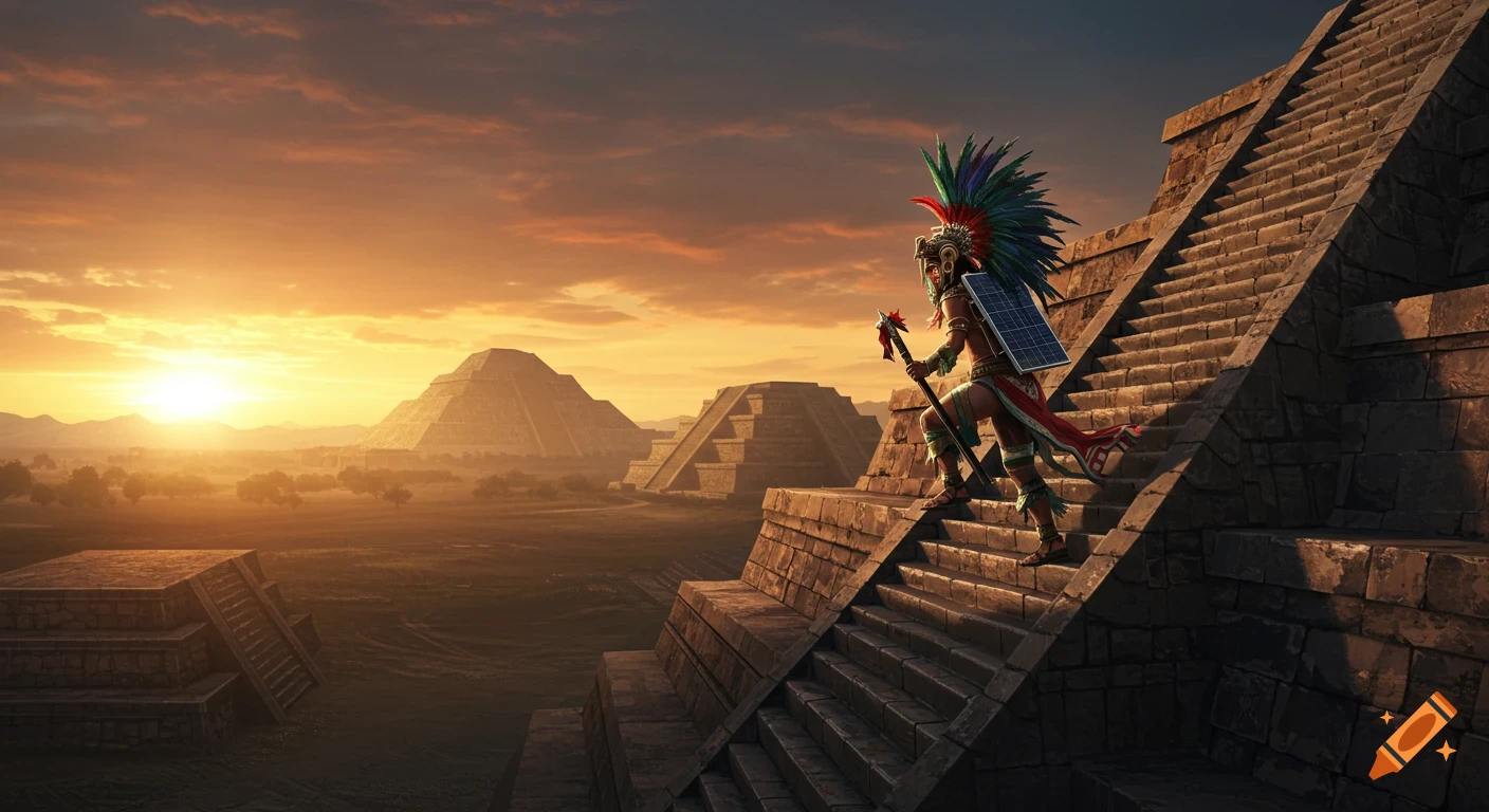 Ancient Aztec warrior with a feathered headdress and solar panel climbs a stone pyramid at sunrise. Majestic pyramids in background.