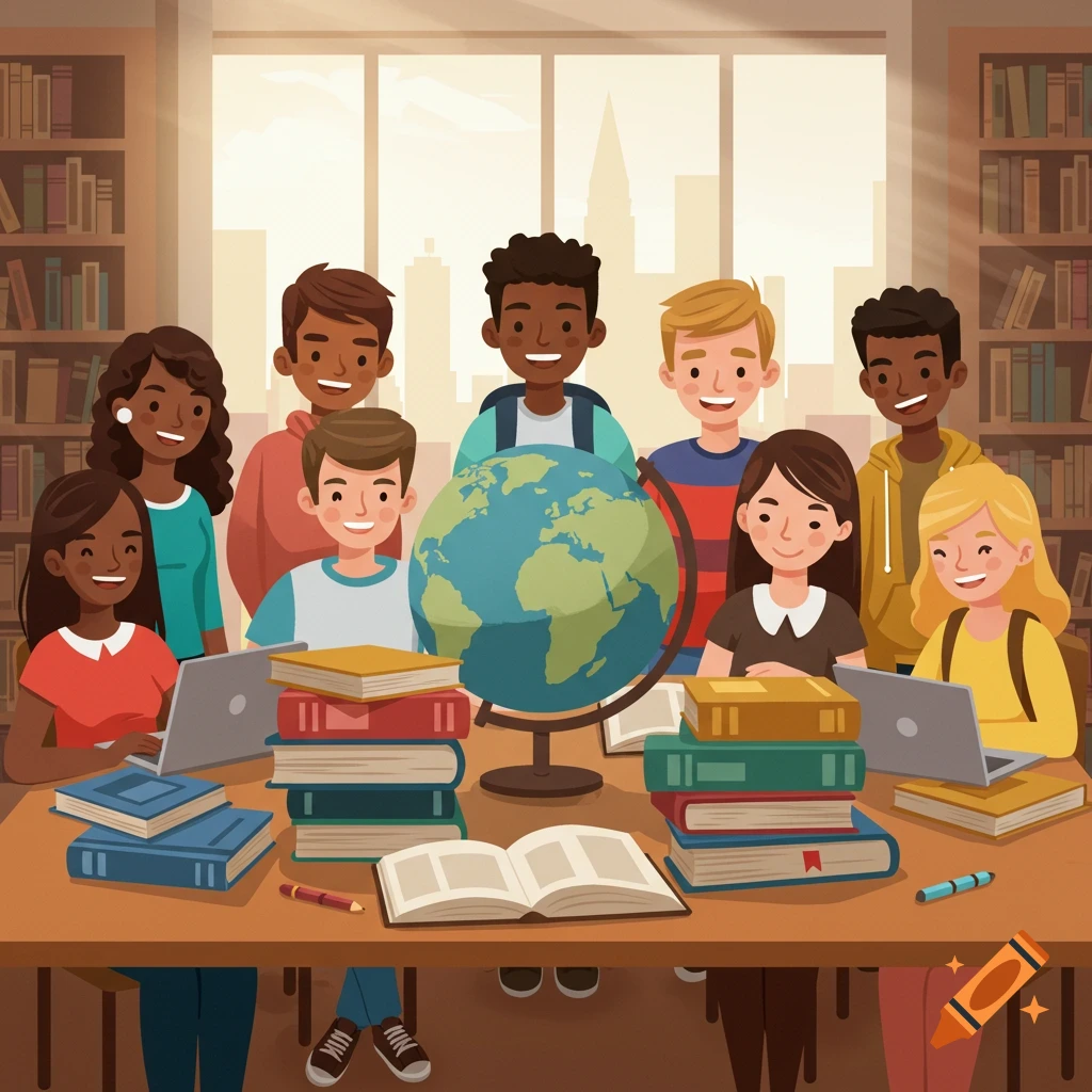 Cartoon illustration of a diverse group of students studying at a library table with books, laptops, and a globe.