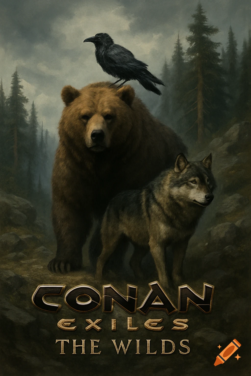 A brown bear, a grey wolf, and a black raven in a misty forest with 'Conan Exiles The Wilds' text. Game art style.