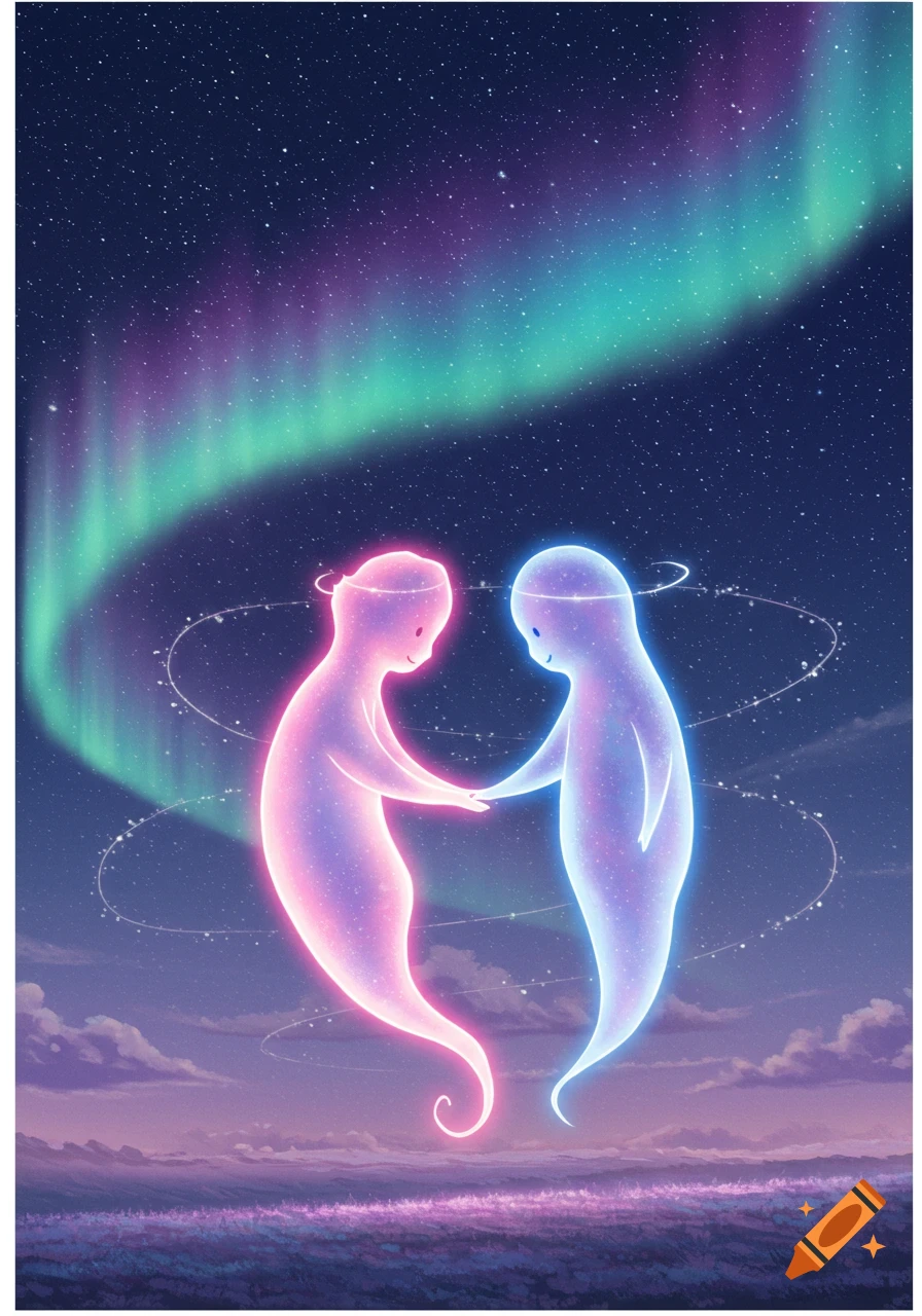 Two glowing pink and blue ethereal figures hold hands under a vibrant aurora borealis and starry night sky over a field.