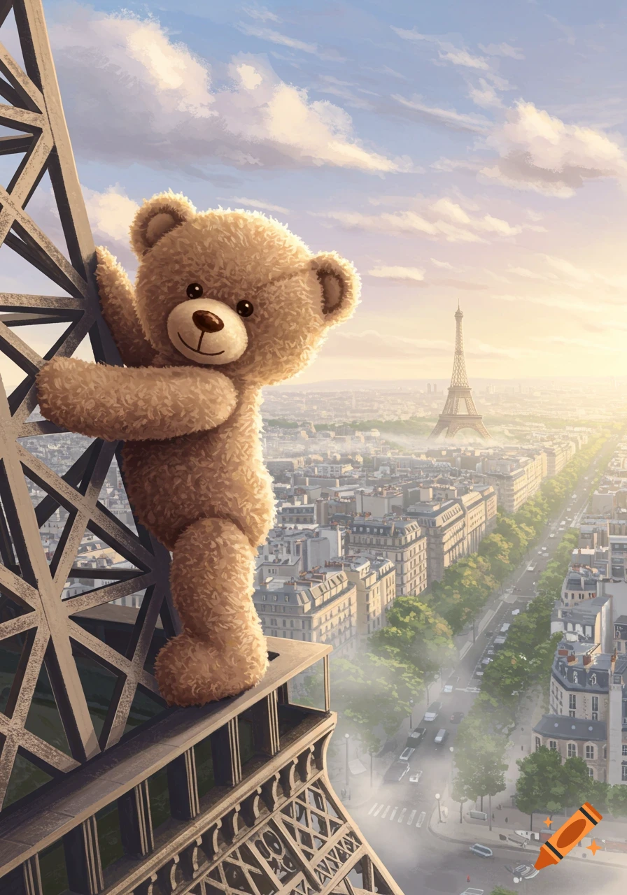 A fluffy brown teddy bear clings to the side of the Eiffel Tower, overlooking the city of Paris at sunrise in an illustrated style.
