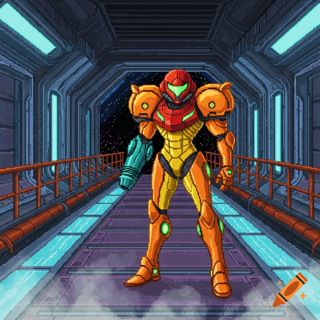 Samus Aran in her Varia Suit standing in a pixel art spaceship corridor with a view of space.