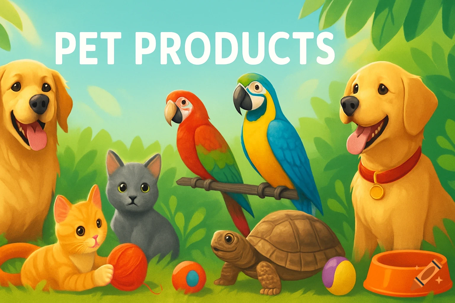 Cartoon dogs, cats, parrots, and a turtle with toys and a food bowl under 'PET PRODUCTS' text in a stylized outdoor scene.