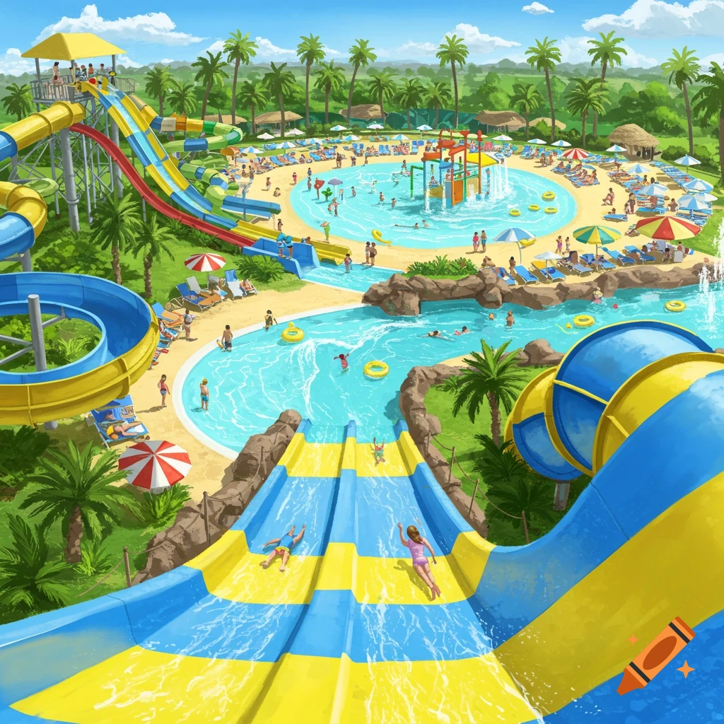Vibrant illustrated water park with colorful slides, pools, and many people swimming and playing amidst palm trees.