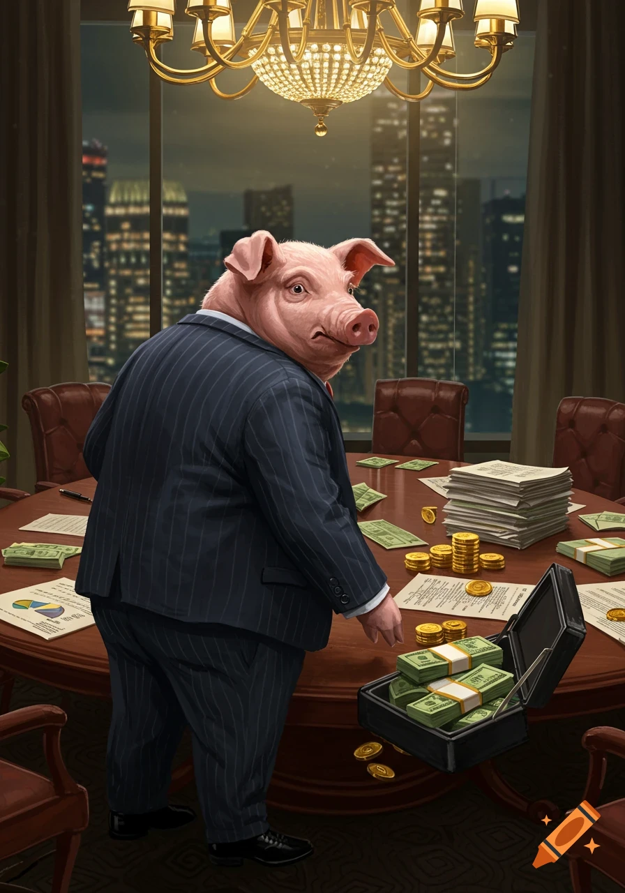 Anthropomorphic pig in a pinstripe suit stands at a large meeting table with stacks of money and documents in a lavish office, city night view.