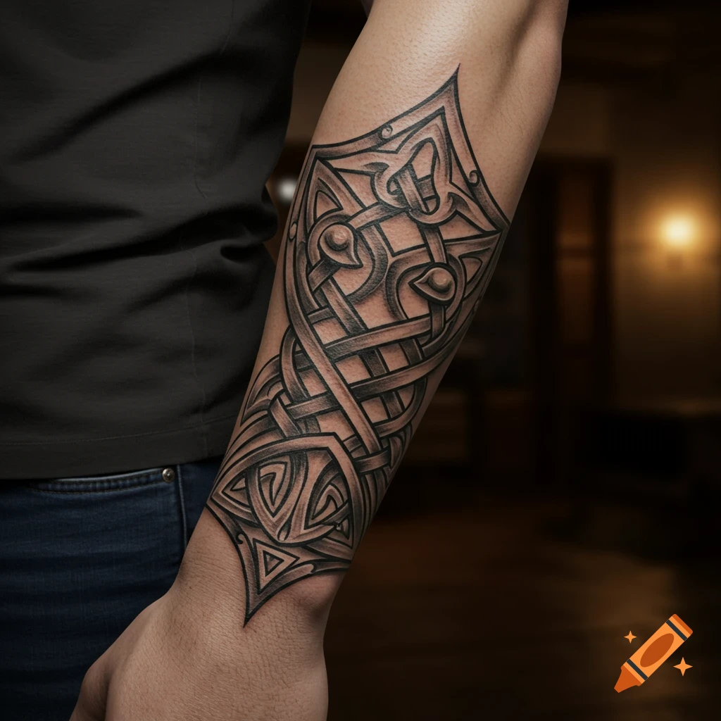 A realistic black and gray Celtic knot tattoo covers a person's forearm, featuring complex interwoven patterns with deep shading.