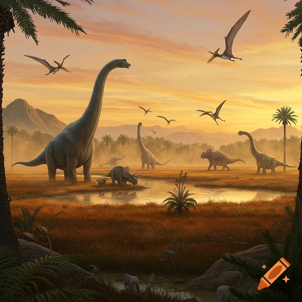 A diverse group of dinosaurs, including large sauropods, triceratops, and flying pterosaurs, in a lush prehistoric landscape at sunset.