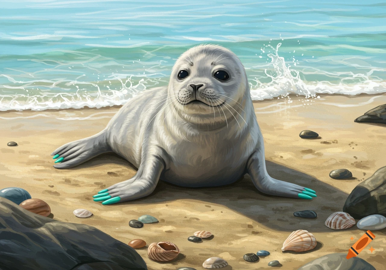 A cute baby seal with teal nail polish on its flippers lies on a sandy beach, waves in the background. Digital illustration.