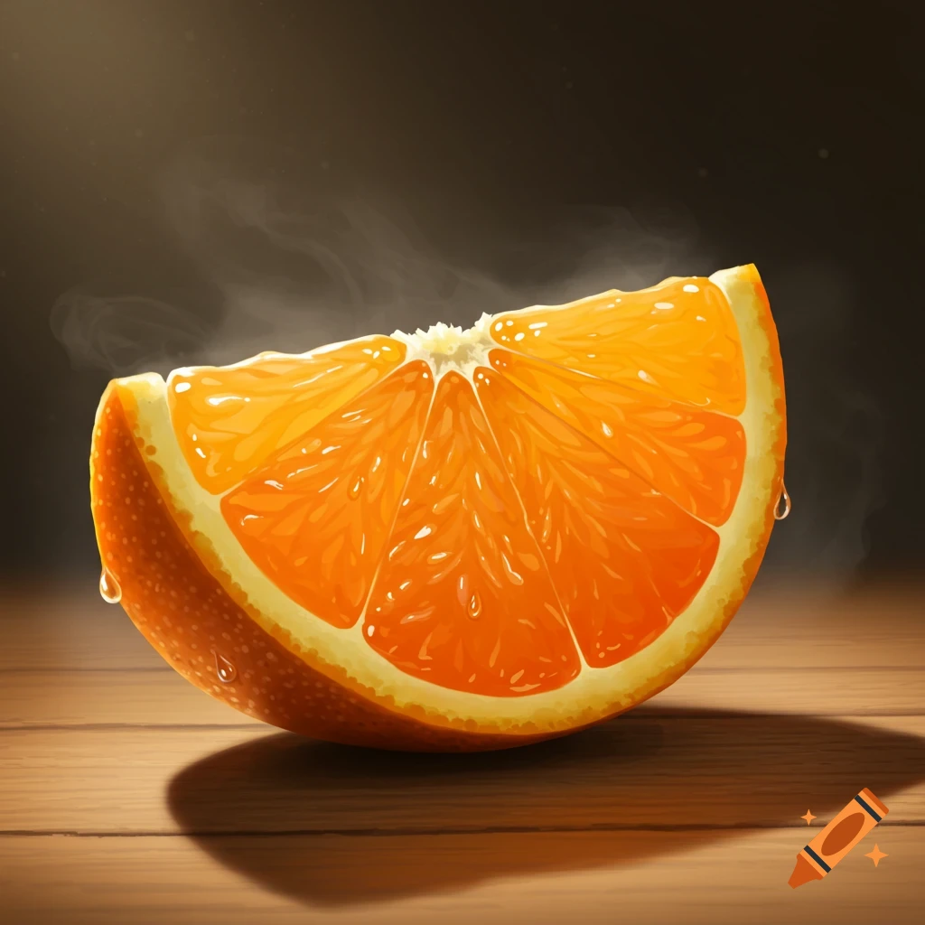 A close-up, photorealistic orange segment with juice droplets and steam on a wooden table.