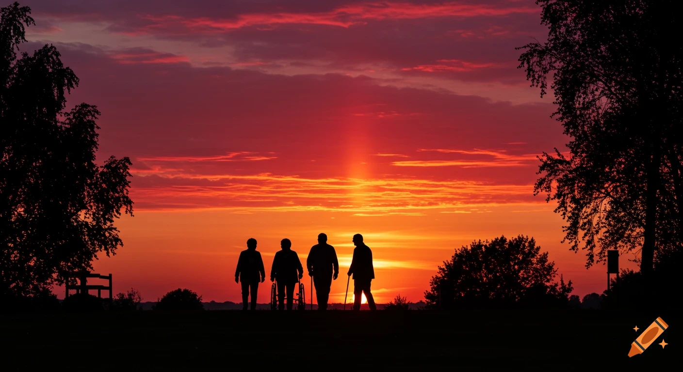Photorealistic silhouettes of elderly people, one in a wheelchair, against a vibrant red and orange sunset sky.