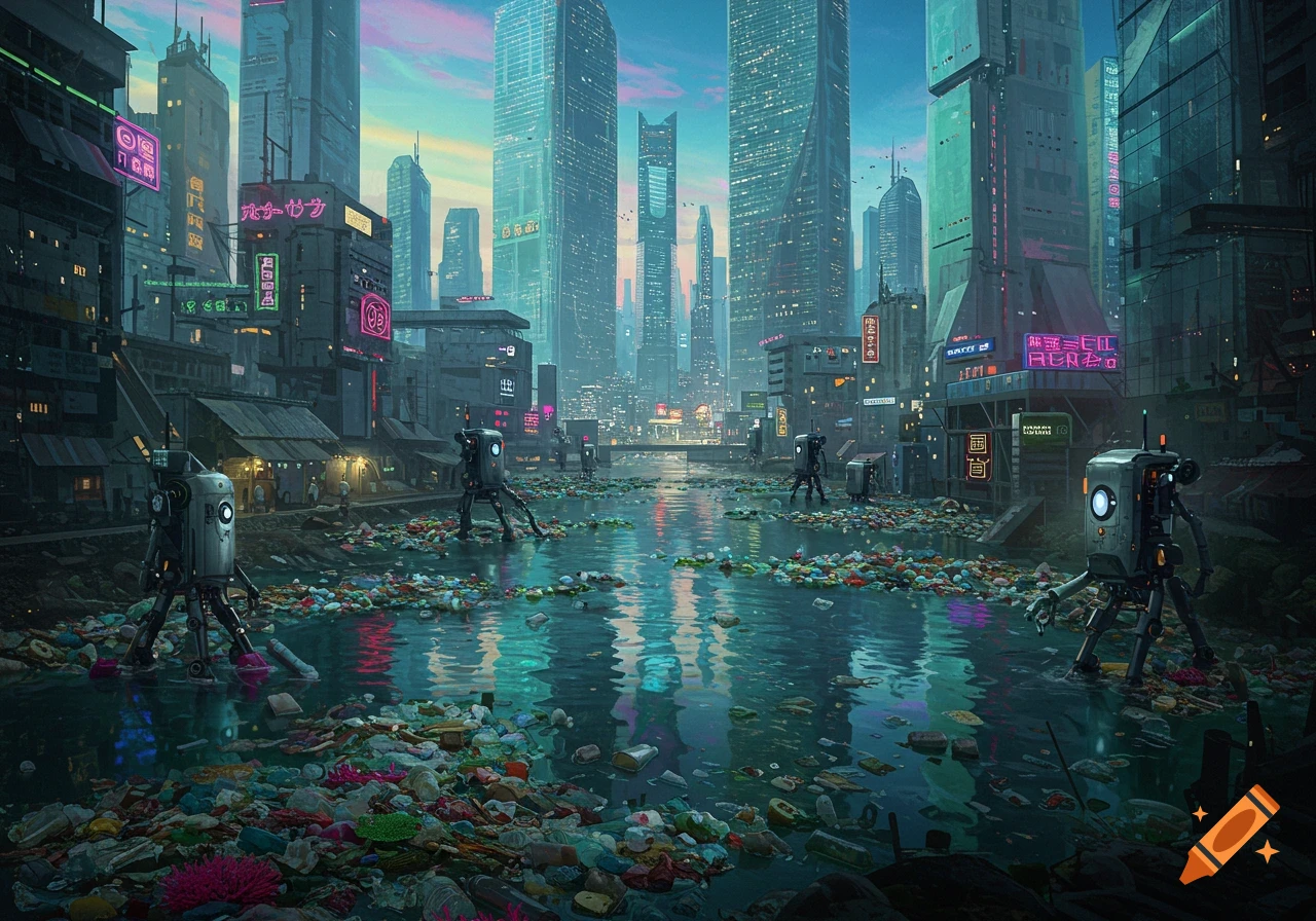 A futuristic, polluted city with tall buildings, neon signs, and robots wading through a trash-filled river.