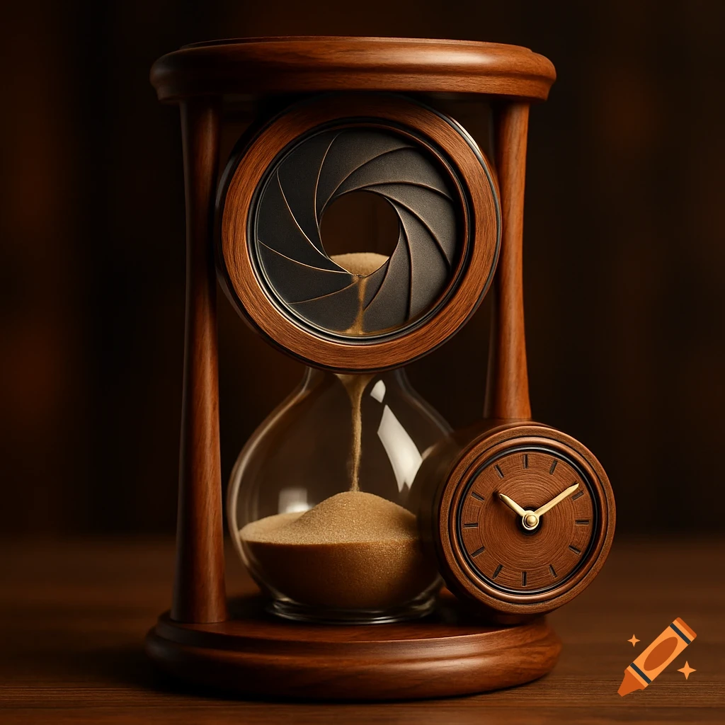 Photorealistic wooden hourglass with a camera aperture and a small clock on its base.