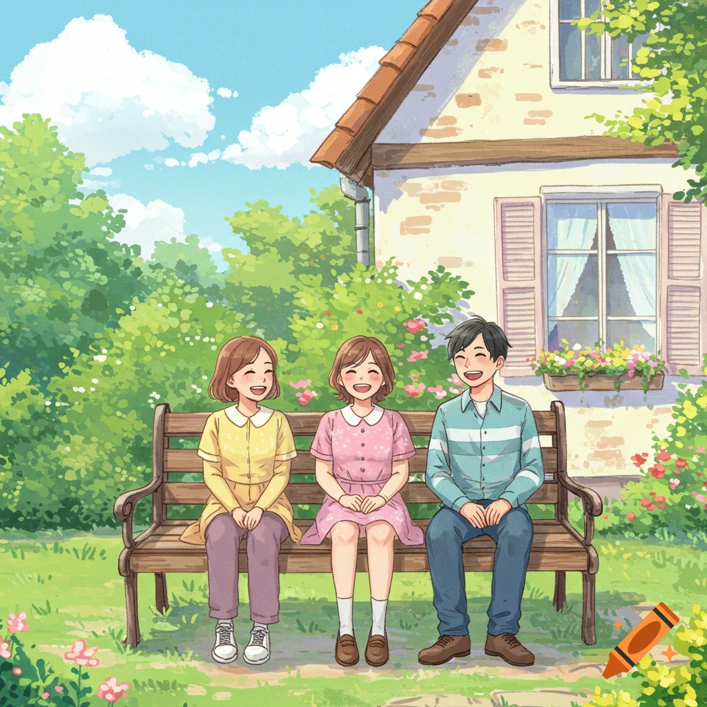 Three smiling people, two women and a man, sit on a wooden bench in a lush garden in front of a house, in an anime illustration style.