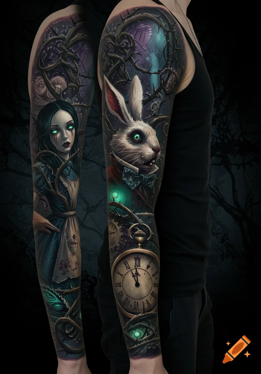 Dark Alice in Wonderland full sleeve tattoo featuring Alice, the White Rabbit, and a pocket watch amidst thorny vines.