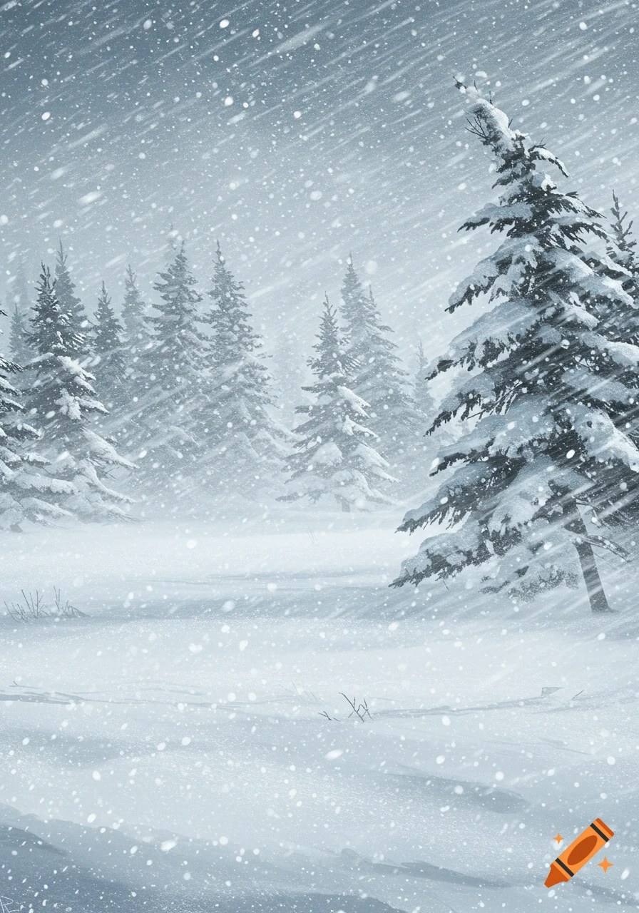 A heavy snowstorm blankets a dense pine forest, with flakes falling amidst snow-covered evergreen trees.