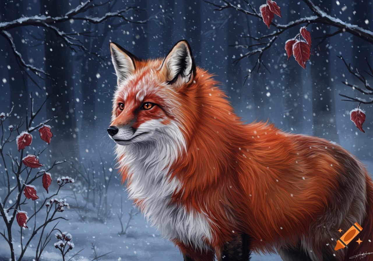 A majestic red and white fox stands alert in a snowy forest with falling snow and barren branches featuring red leaves. Illustration style.