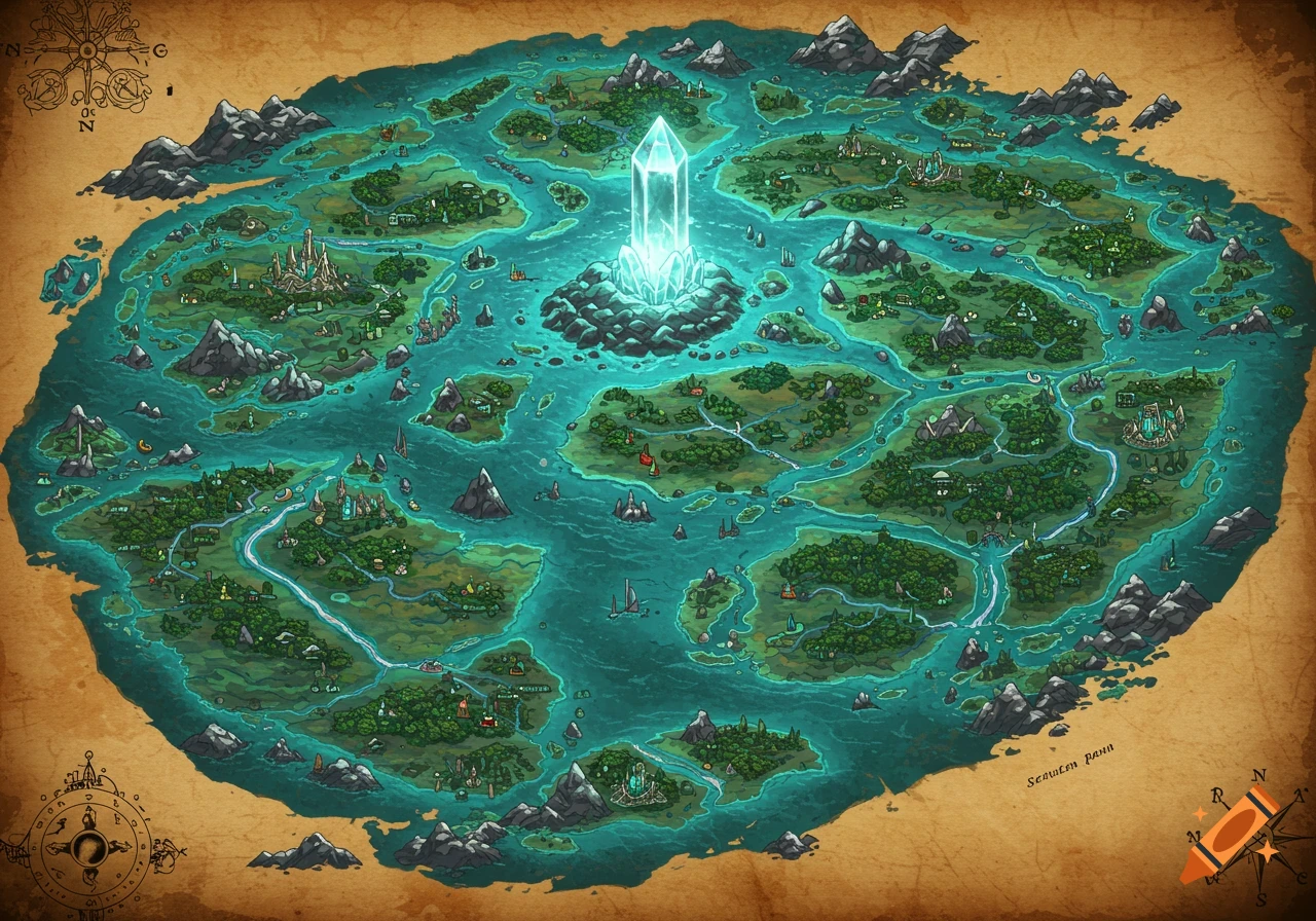 Stylized fantasy map of an alien archipelago with a central glowing crystal, surrounded by islands and mountains.