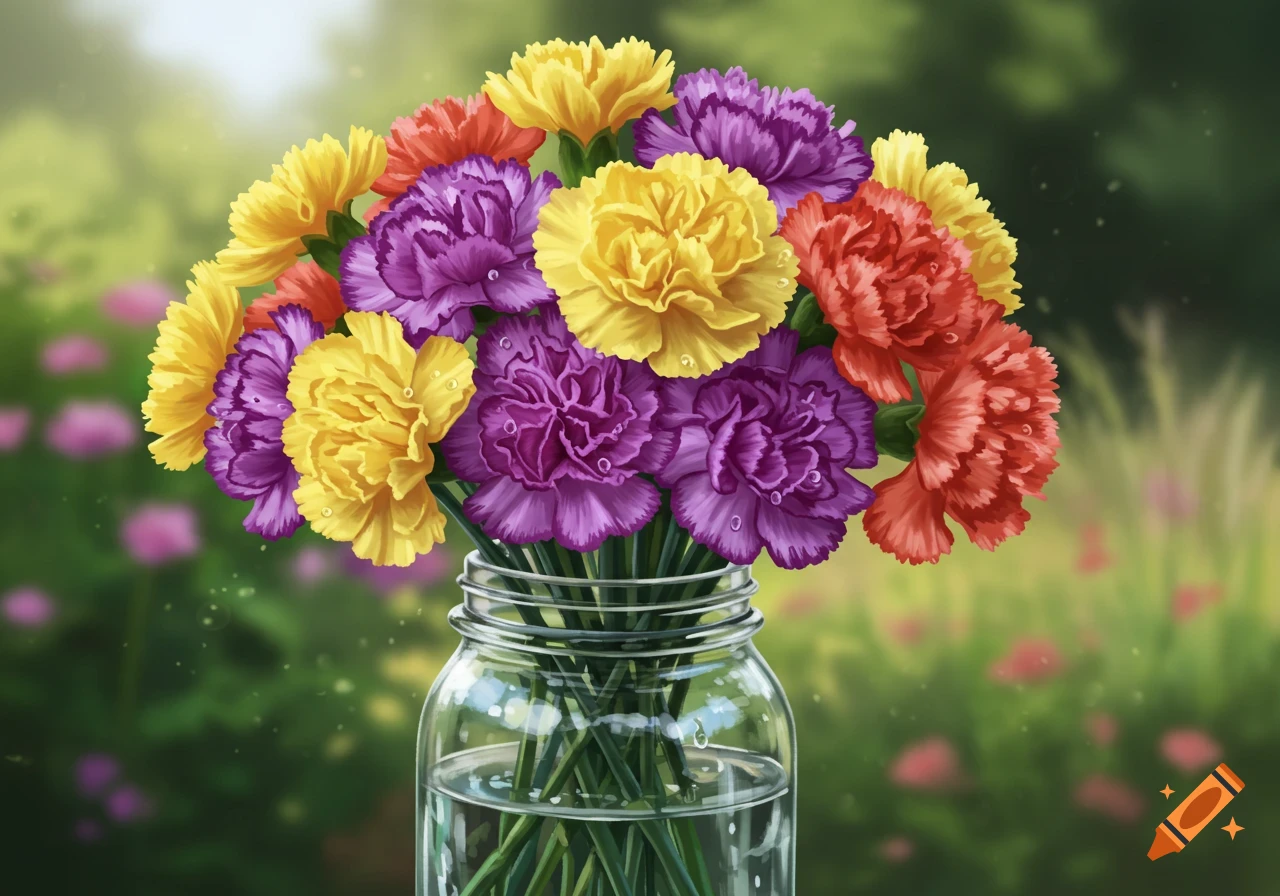 Vibrant yellow, purple, and orange carnations in a clear glass jar against a soft, blurred garden background, detailed illustration.