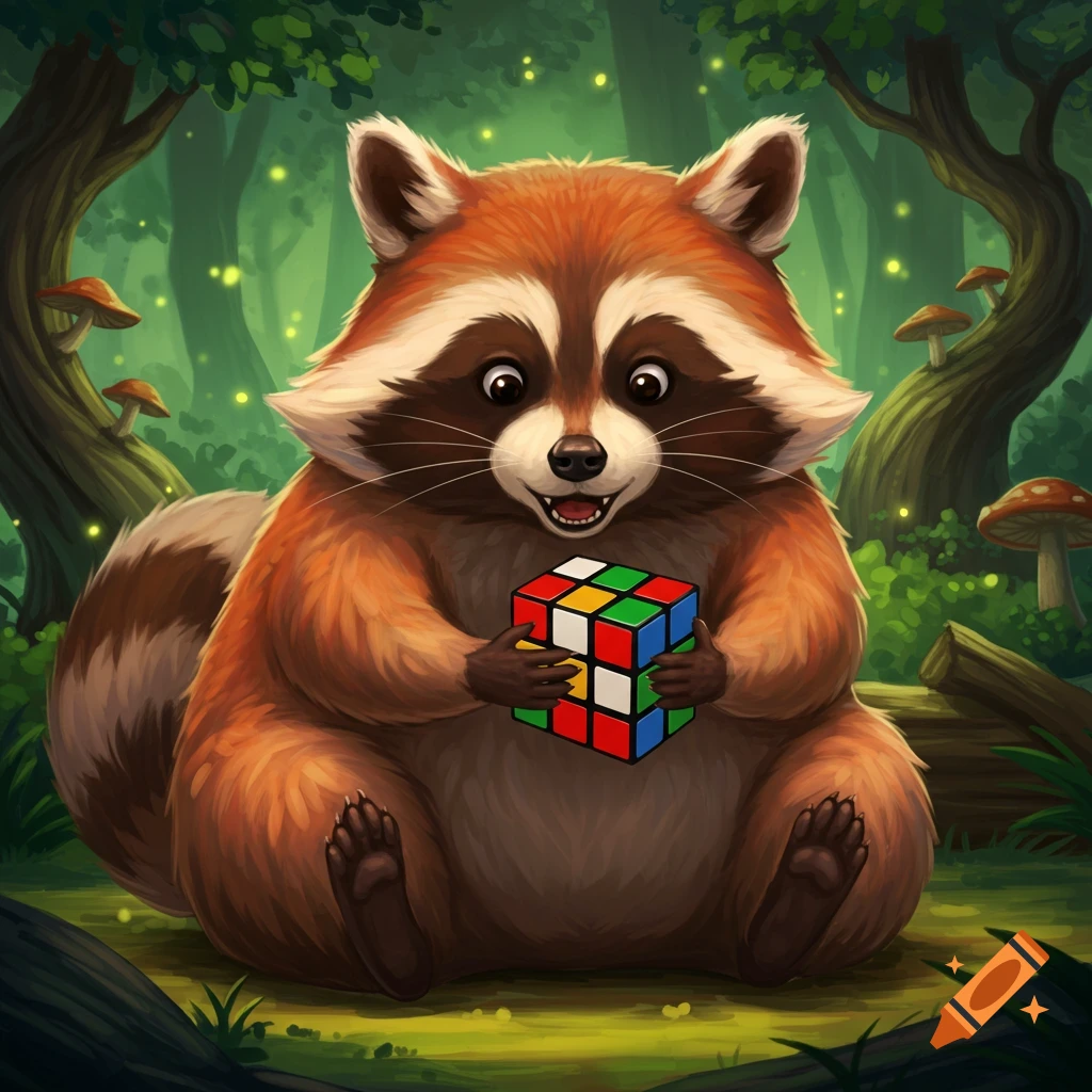 A plump, happy cartoon raccoon sits in a mystical forest, holding a Rubik's cube.