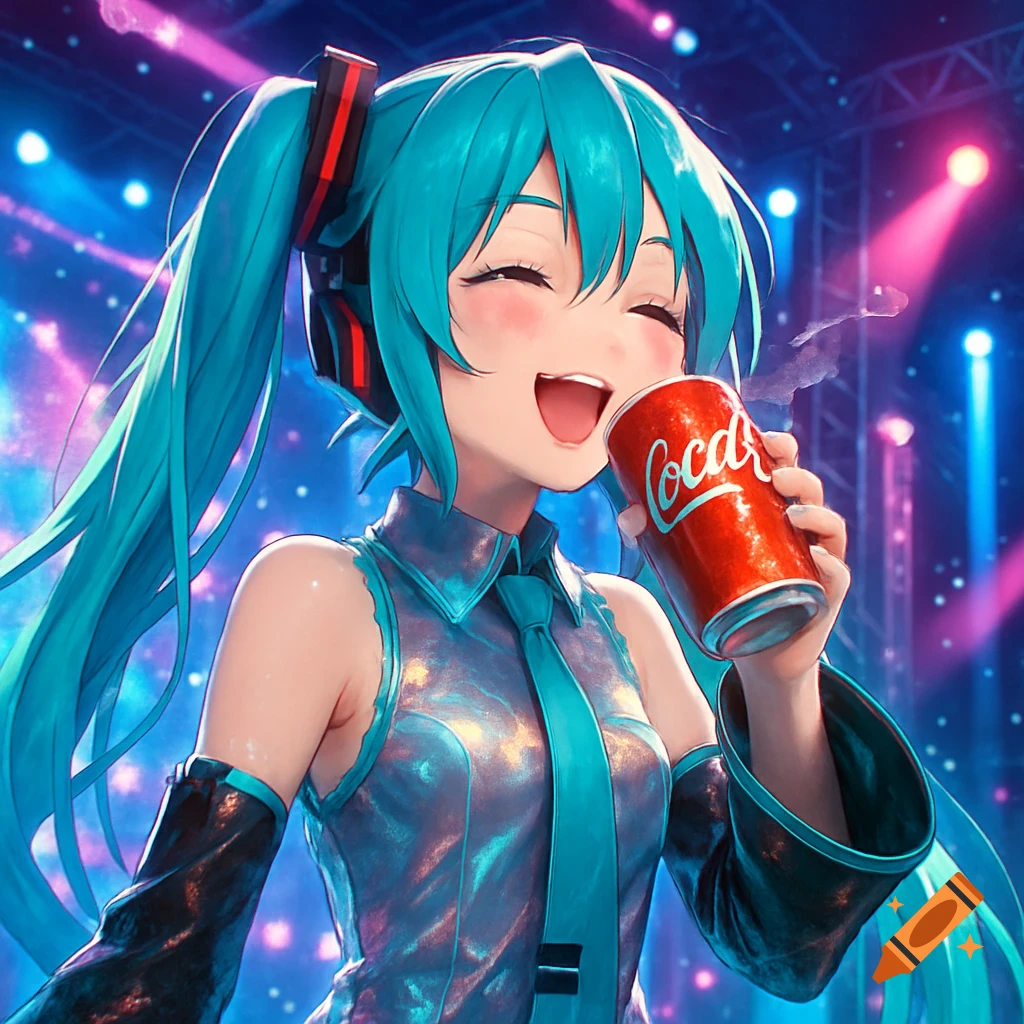 Hatsune Miku, an anime character with long turquoise pigtails, smiles while drinking Coca-Cola on a vibrant stage.